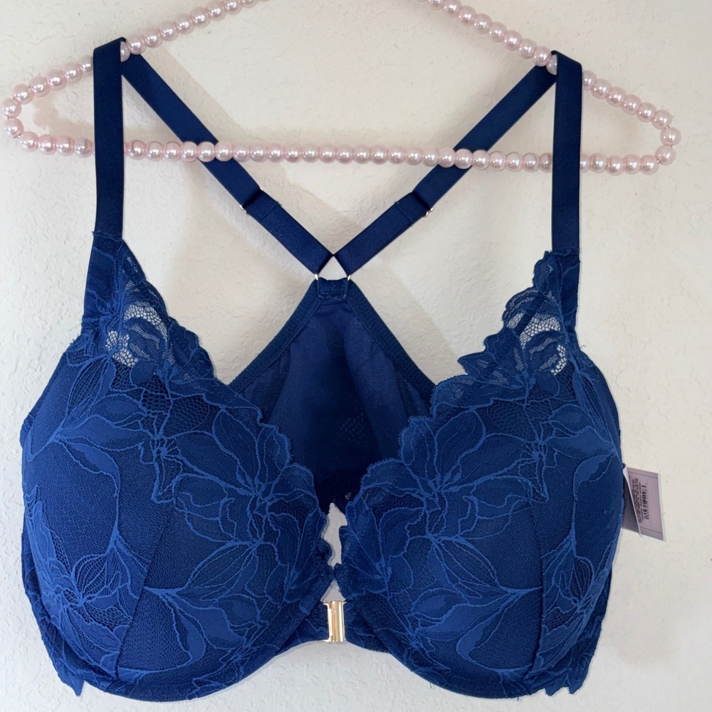 Auden Lace Push Up Front Close Plunge Bra 40DD 40E Blue NEW Underwire Racerback